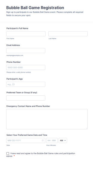 Bubble Ball Game Registration Form Template
