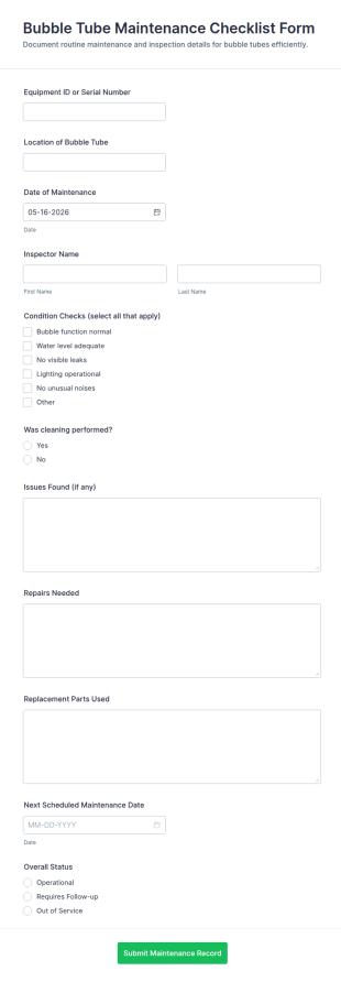 Bubble Tube Maintenance Checklist Form Template