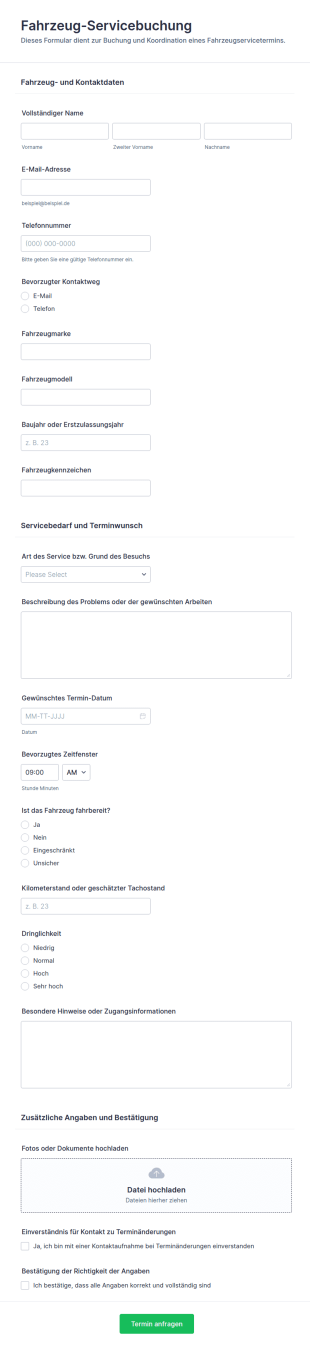 Buchung Eines Fahrzeugservice Formular
