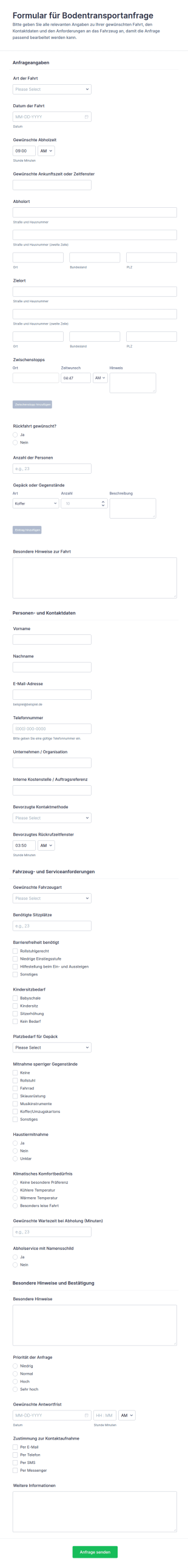 Buchungsanfrage Für Beförderung Formular