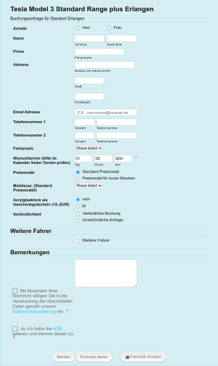 Buchungsanfrage Tesla Model 3 Standard Range Plus Form Template