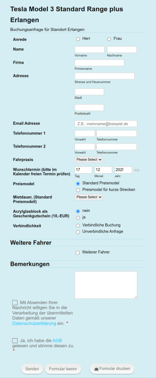 Buchungsanfrage Tesla Model 3 Standard Range Plus Form Template