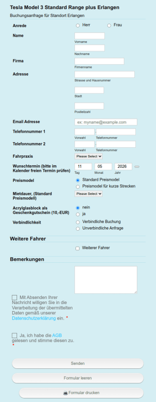 Buchungsanfrage Tesla Model 3 Standard Range Plus