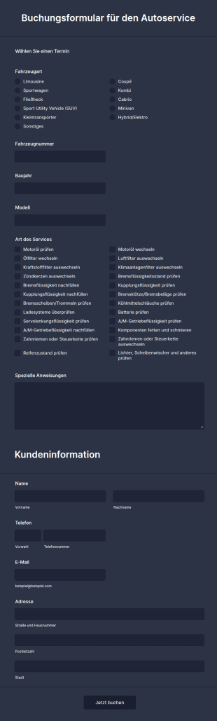 Buchungsformular Für Den Autoservice