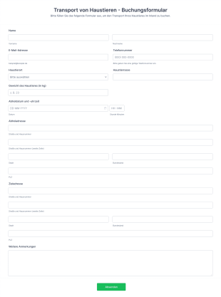 Buchungsformular Für Den Transport Von Haustieren Im Inland Form Template
