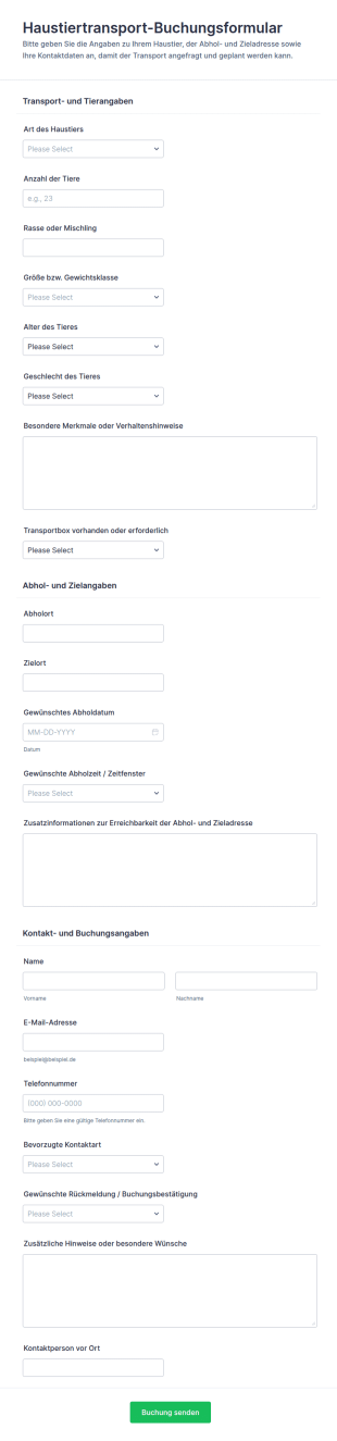 Buchungsformular Für Den Transport Von Haustieren