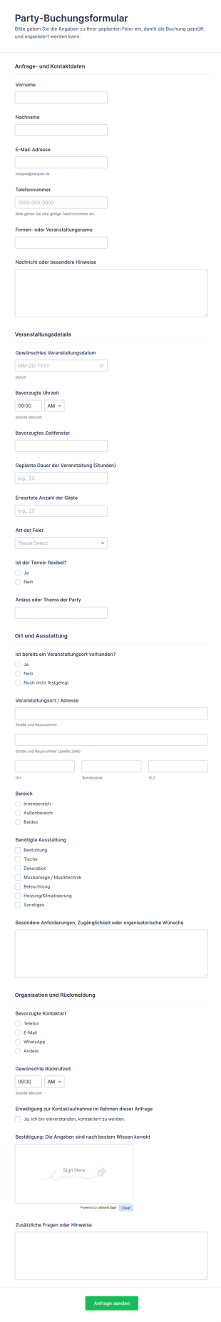 Buchungsformular Für Eine Party