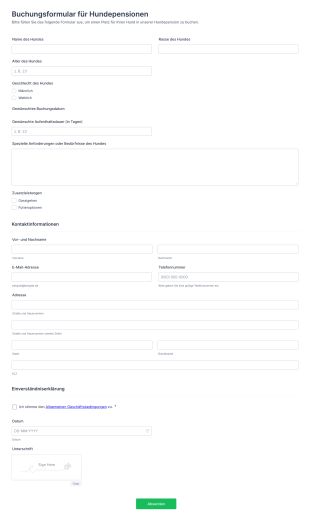 Buchungsformular Für Hundepensionen Form Template