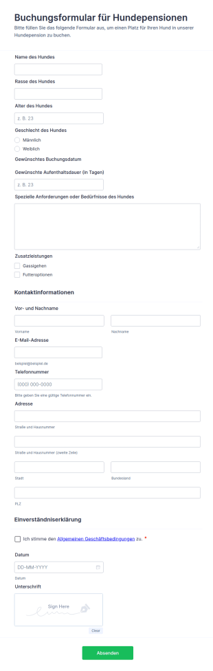 Buchungsformular Für Hundepensionen