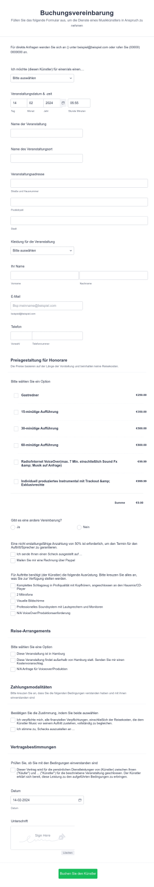 Buchungsformular Für Musikkünstler