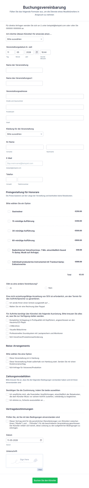 Buchungsformular Für Musikkünstler
