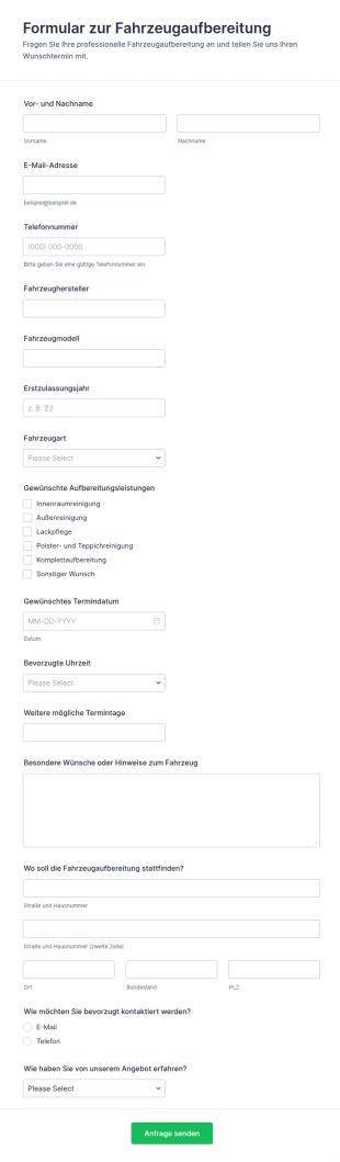 Buchungsformular Für Professionelle Autopflege