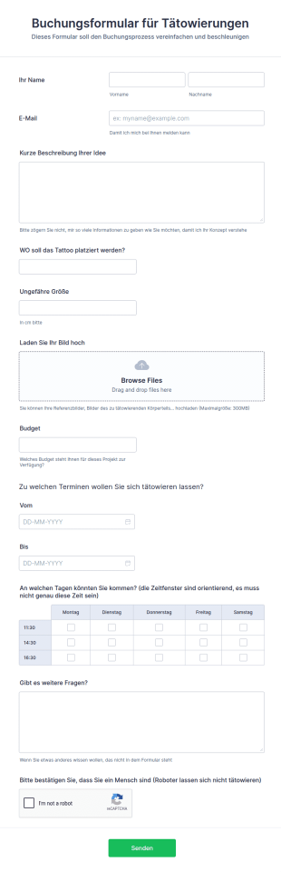 Buchungsformular Für Tätowierungen