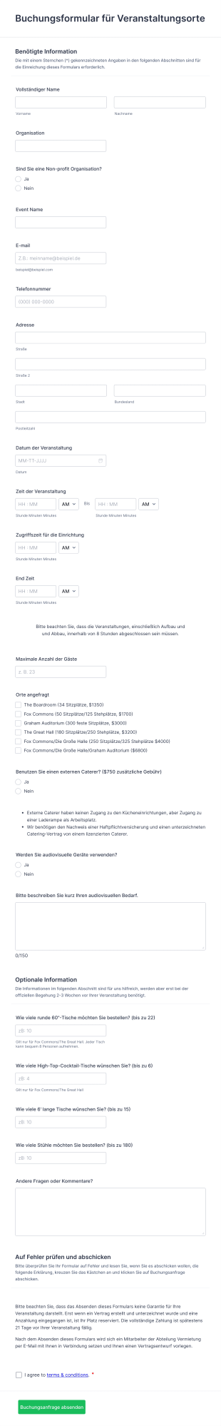 Buchungsformular Für Veranstaltungsorte Form Template