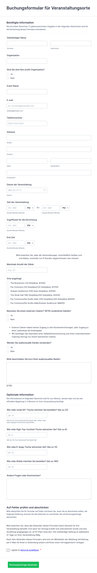 Buchungsformular Für Veranstaltungsorte