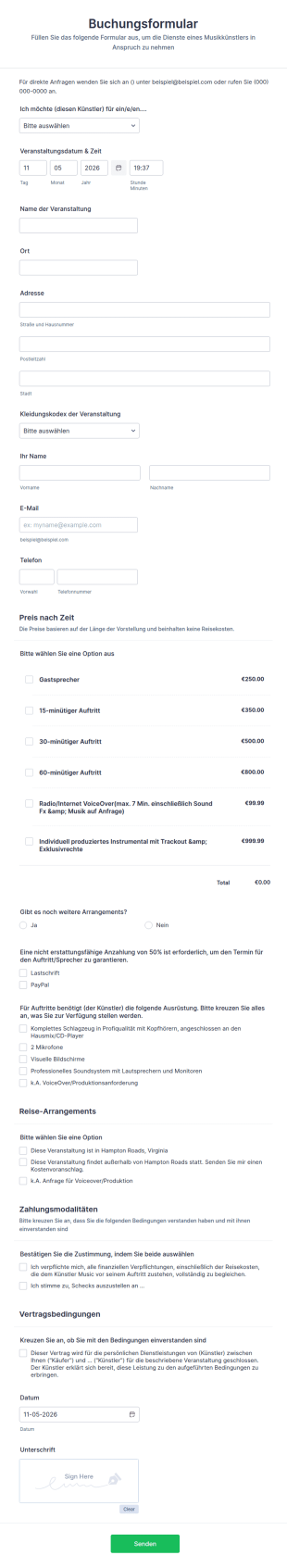 Buchungsformular Für Musikkünstler