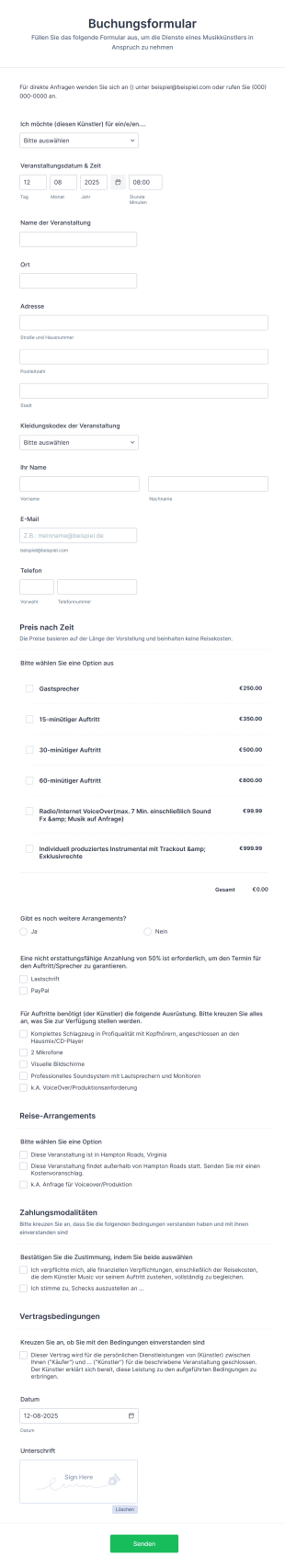 Buchungsformular Für Musikkünstler Form Template