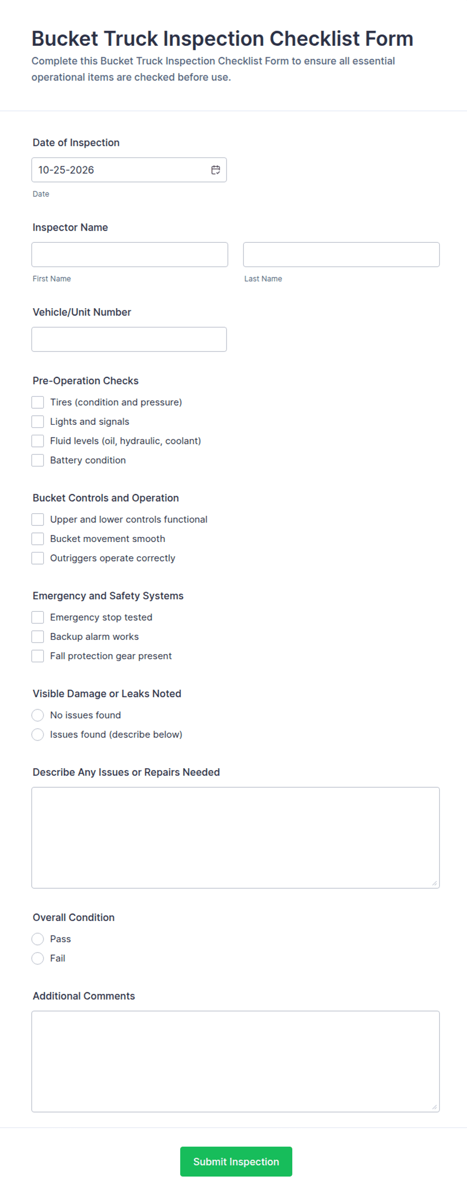 Bucket Truck Inspection Checklist Form Template | Jotform