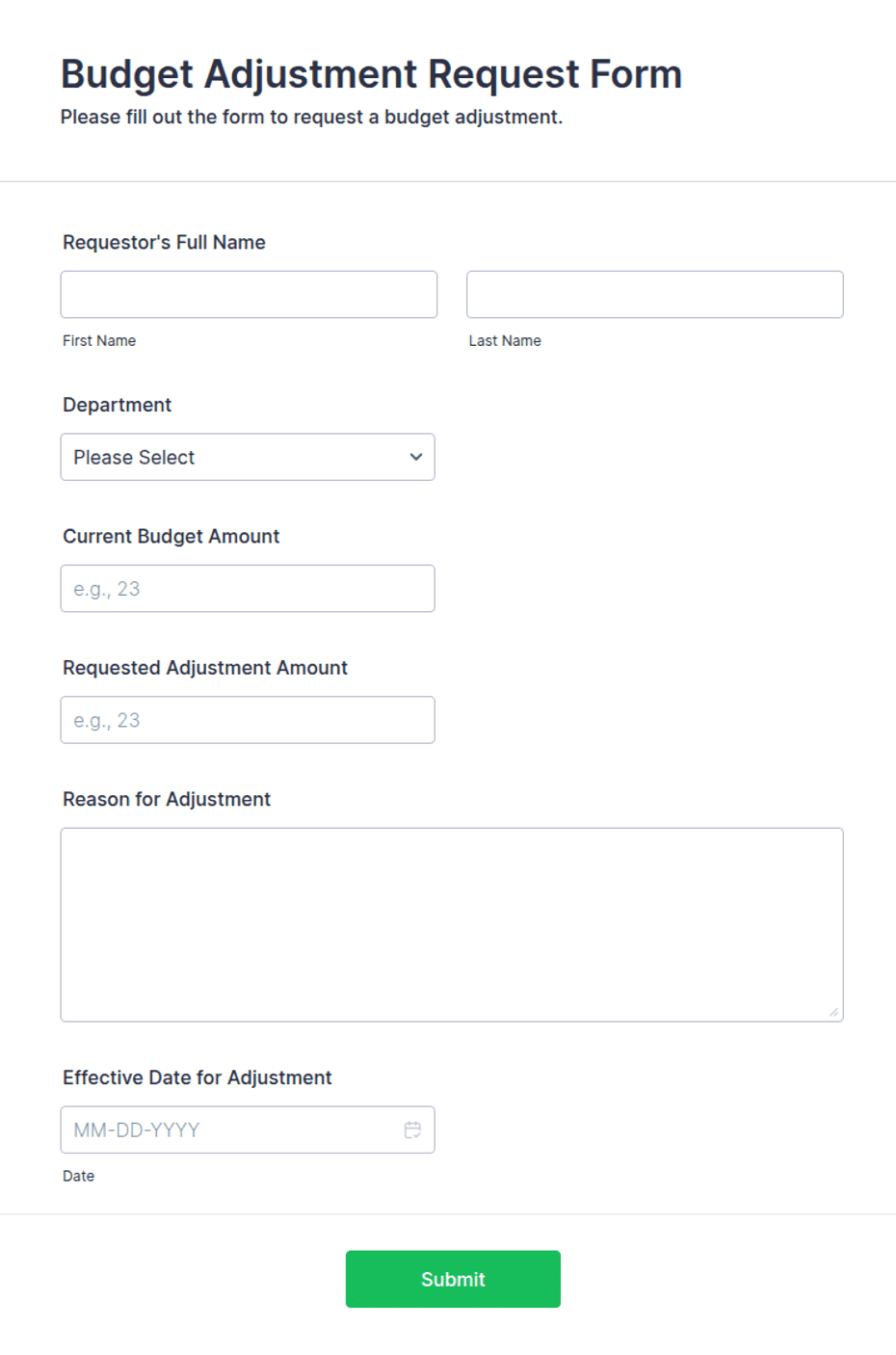 Budget Adjustment Example Budget Adjustment Request Form Template | Jotform