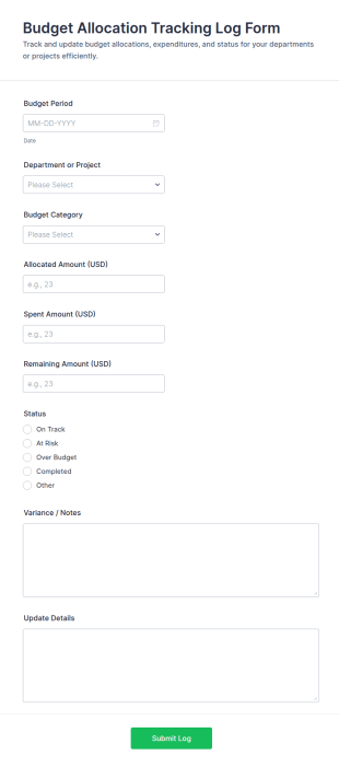 Budget Allocation Tracking Log Form Template