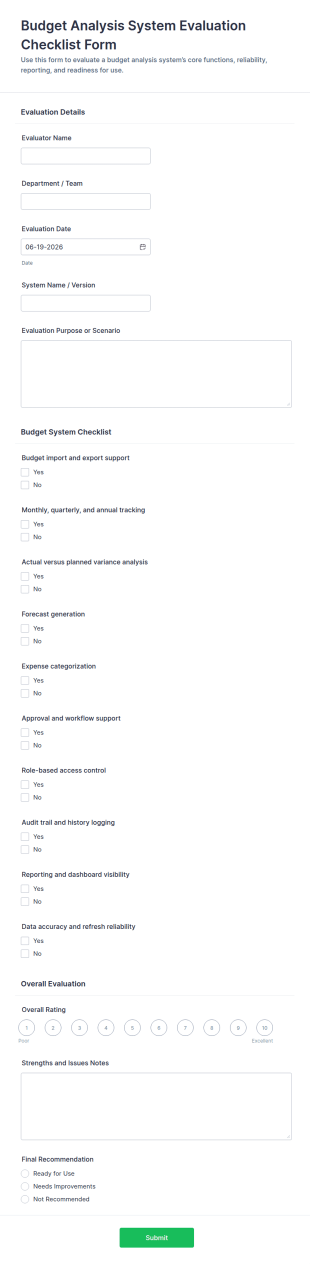 Budget Analysis System Evaluation Checklist Form Template