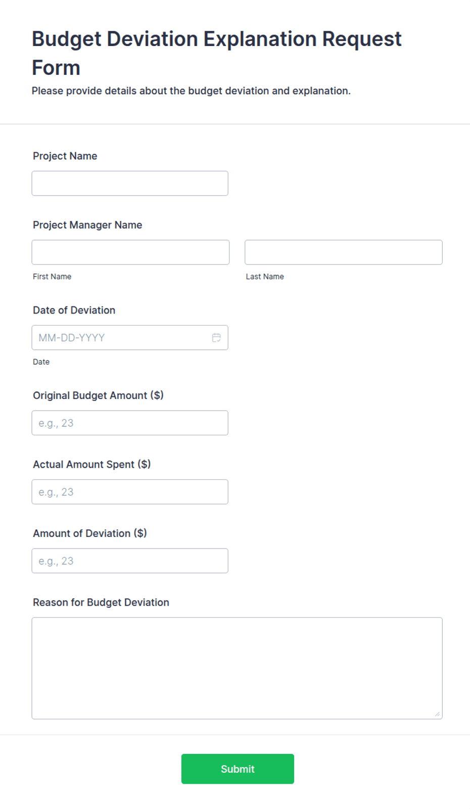 Budget Deviation Explanation Request Form Template | Jotform