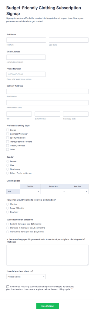 Budget Friendly Clothing Subscription Signup Form Template
