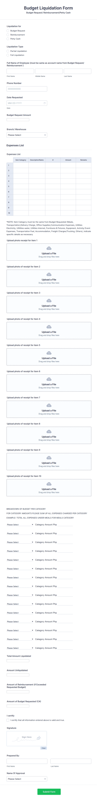 Budget Liquidation Form Template