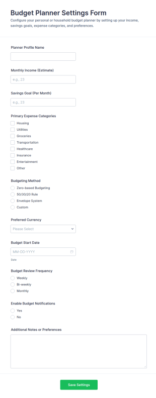 Budget Planner Settings Form Template