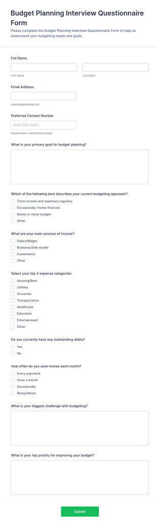 Budget Planning Interview Questionnaire Form Template