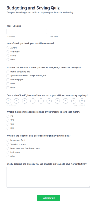 Budgeting And Saving Quiz Form Template