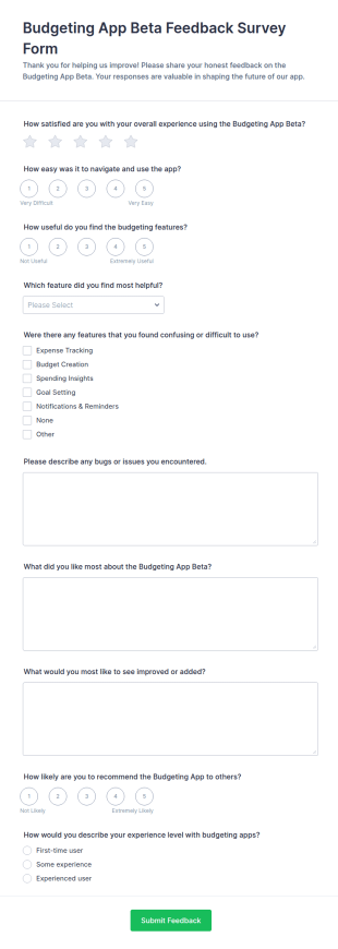 Budgeting App Beta Feedback Survey Form Template