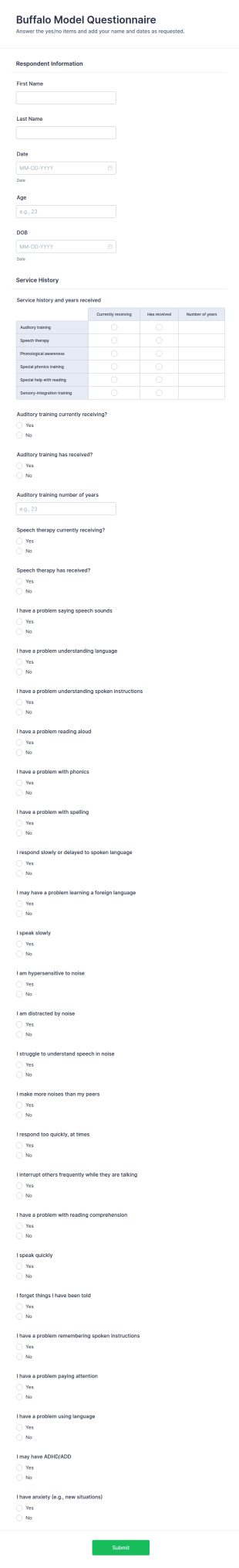 Buffalo Model Questionnaire Form Template