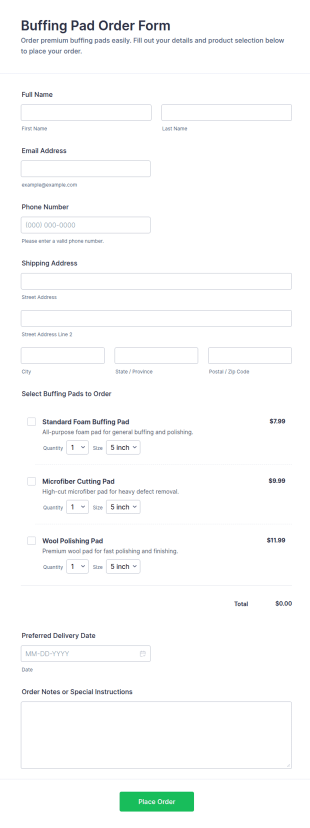 Buffing Pad Order Form Template