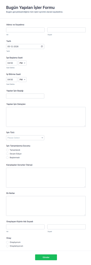 Bugün Yapılan İşler Form Şablonu