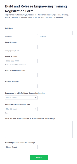 Build And Release Engineering Training Registration Form Template