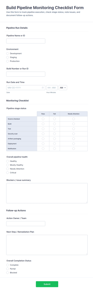 Build Pipeline Monitoring Checklist Form Template