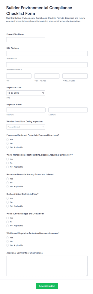 Builder Environmental Compliance Checklist Form Template