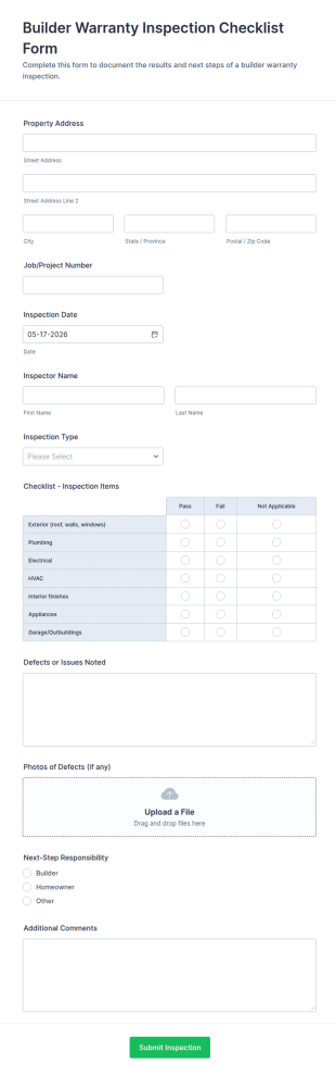 Builder Warranty Inspection Checklist Form Template