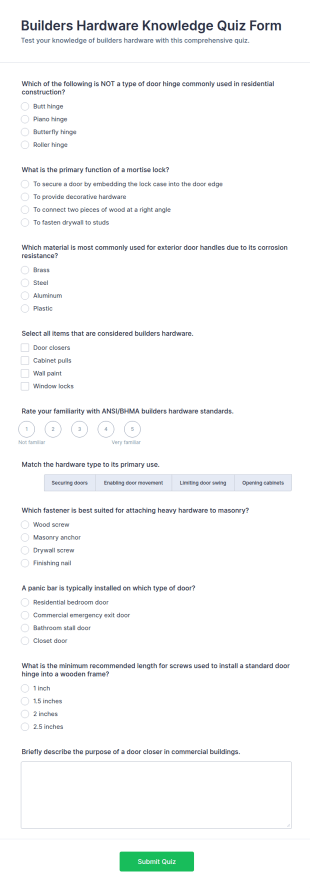 Builders Hardware Knowledge Quiz Form Template