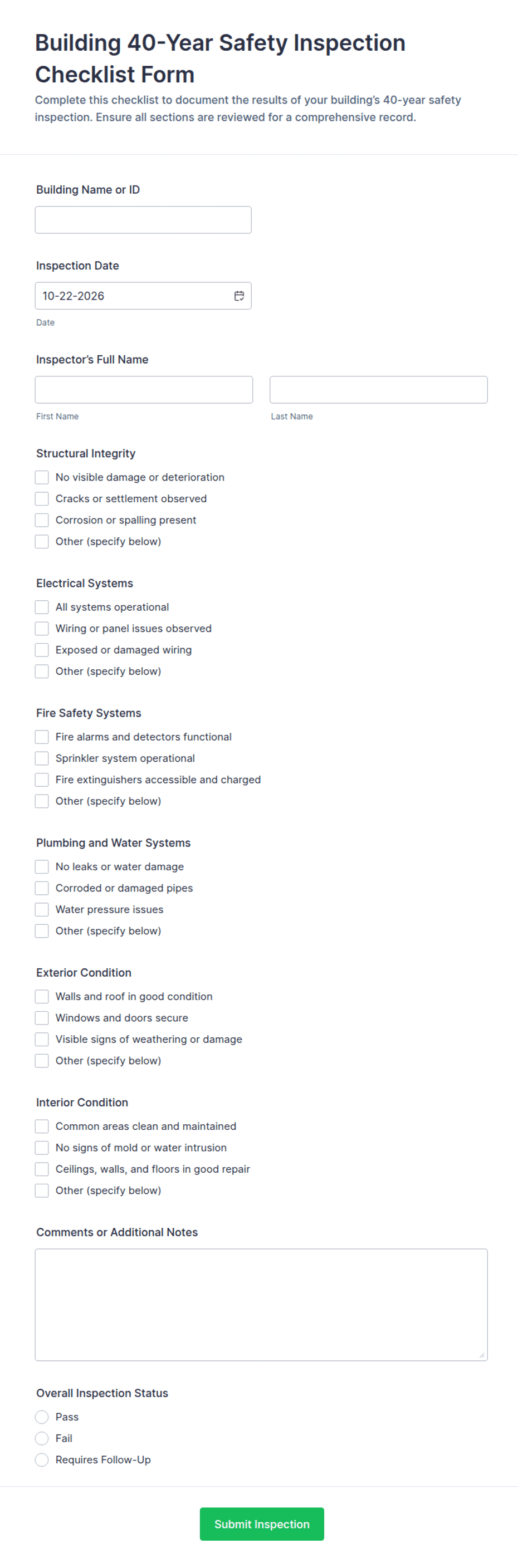 Building 40-Year Safety Inspection Checklist Form Template | Jotform