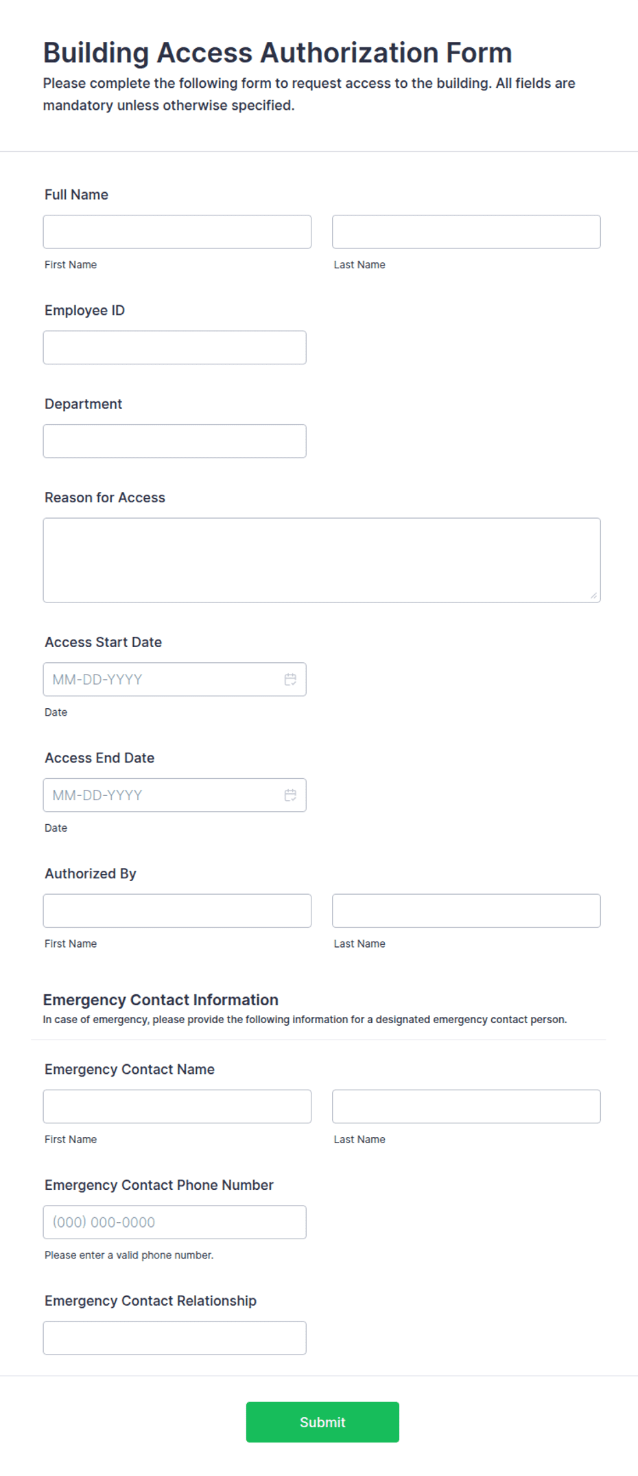 Contractor Access Pass Example Building Access Authorization Form Template | Jotform