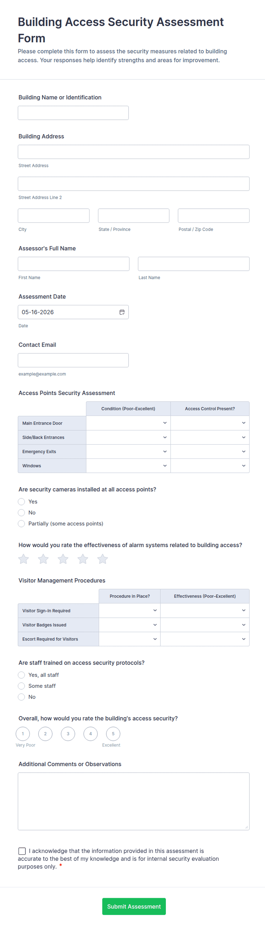 Sample Security Scan Form Building Access Security Assessment Form Template | Jotform