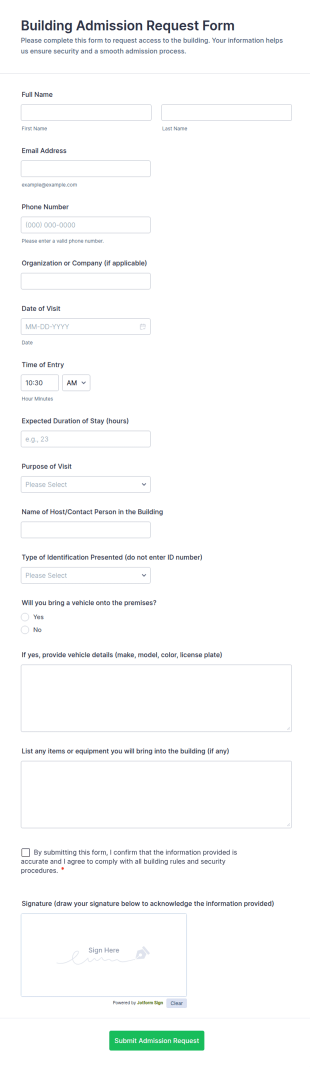 Building Admission Request Form Template