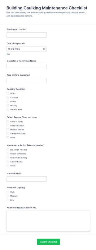 Building Caulking Maintenance Checklist Form Template
