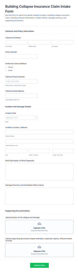 Building Collapse Insurance Claim Intake Form Template