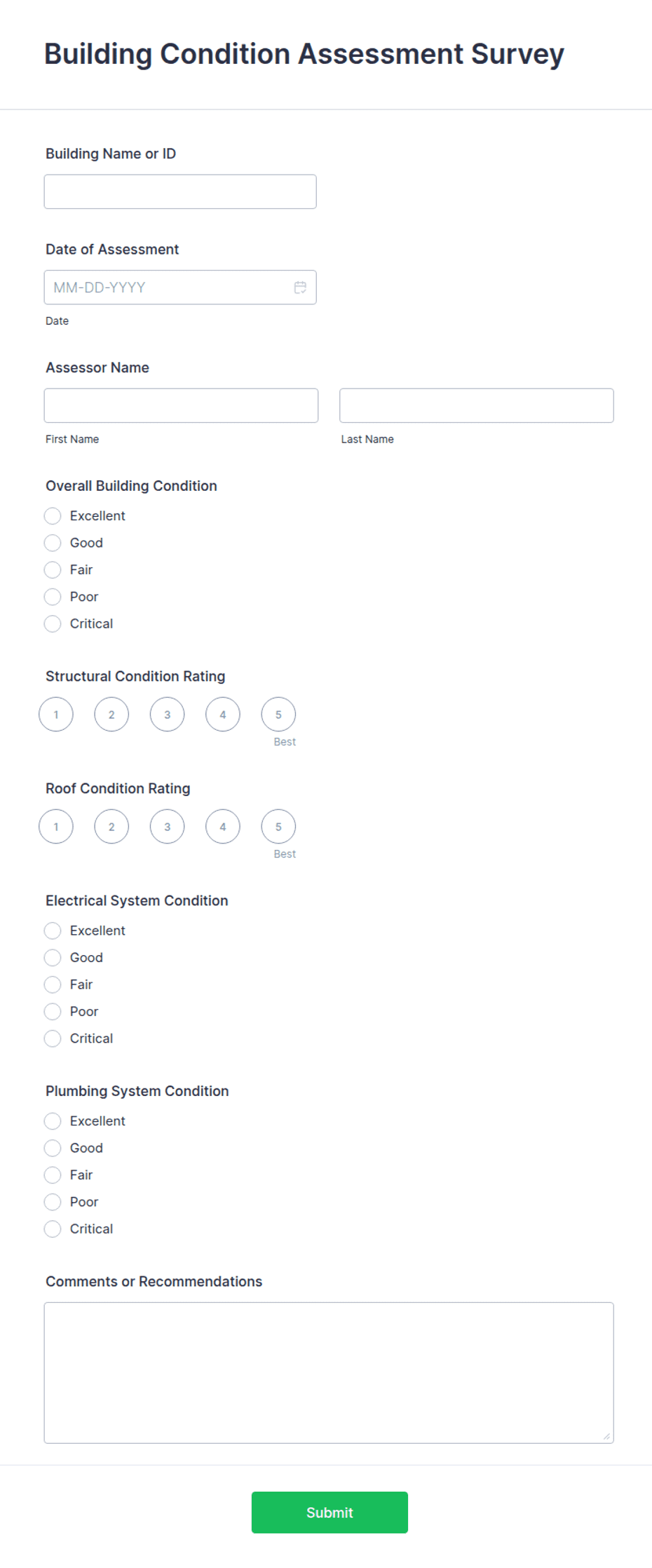 Commercial Building Questionnaire Building Condition Assessment Survey Form Template | Jotform
