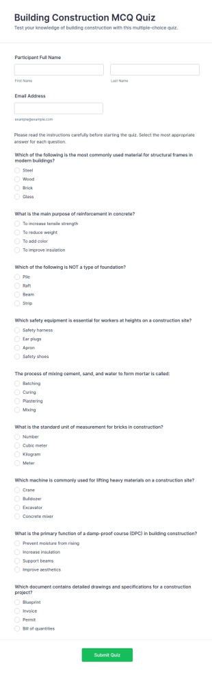 Building Construction MCQ Quiz Form Template