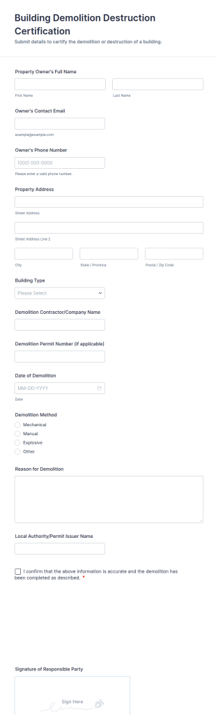 Building Demolition Destruction Certification Form Template