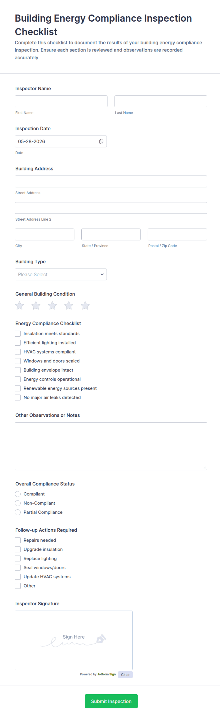 Building Energy Compliance Inspection Checklist Form Template | Jotform